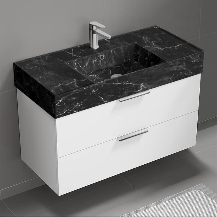 Nameeks DERIN912 Floating Bathroom Vanity With Black Marble Design Sink, Modern, 40 Inch, Glossy White